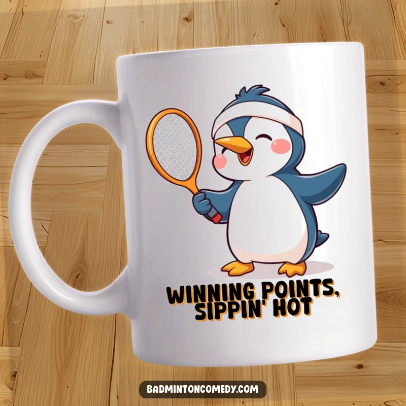 Funny penguin in a headband joyfully swinging a tennis racket, ready to play with a smile, perfect gift for sports fans.