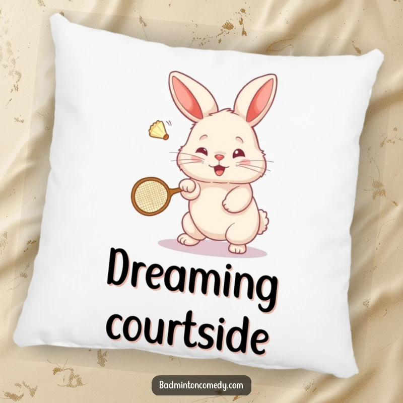Funny Bunny Badminton Pillow: A fluffy bunny character energetically hits a shuttlecock with a tiny badminton racket, bringing comfort and joy.