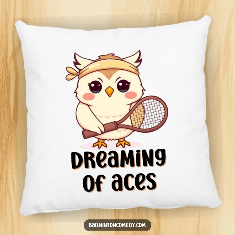 Funny pillow with a smiling owl character in a headband holding a tennis racket, perfect for cozying up.