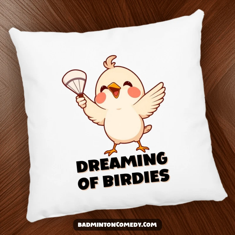 Funny Pillow: A small bird using its beak to serve a badminton shuttlecock, bringing a touch of animated sport to comfort.