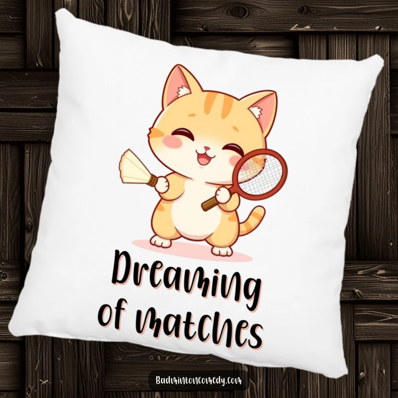 Funny cat wearing sporty outfit, playing badminton with a shuttlecock, featured on a soft and decorative pillow.