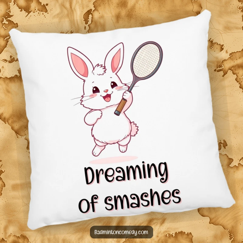 Funny Bunny Badminton Pillow: A fluffy rabbit aggressively playing badminton, offering comfort and a humorous decorative touch.
