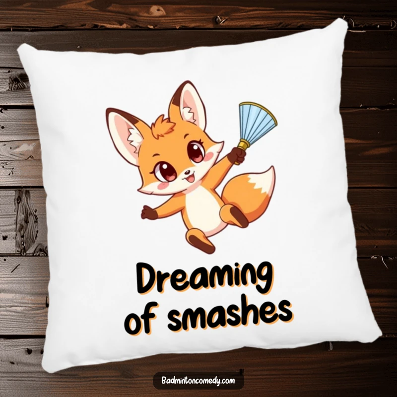 Funny Fox Smash Pillow: A cute fox with amazed eyes is captured mid-air, ready to smash a shuttlecock with playful intensity.
