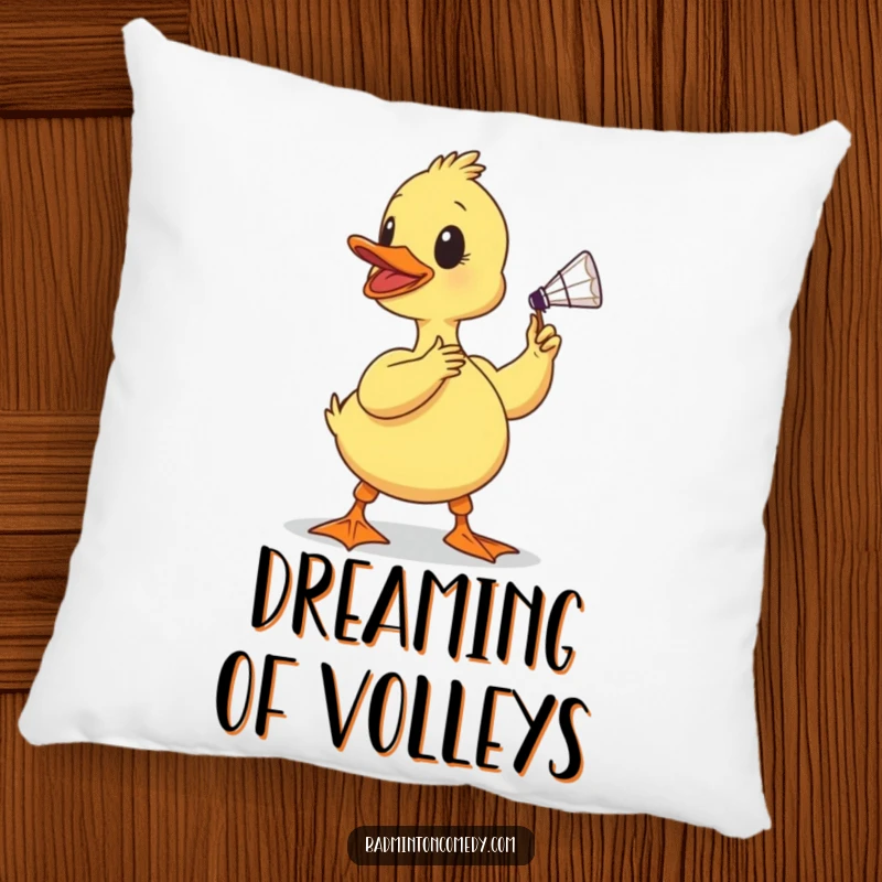 Funny duckling pillow, a determined baby bird focused on hitting a shuttlecock with its beak, offering cozy humor and playful decor.