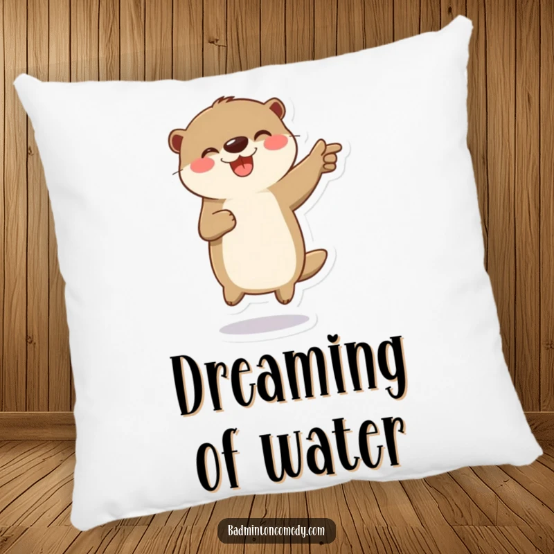 Funny pillow featuring a playful otter character jumping in celebration on a badminton court, perfect for relaxation.
