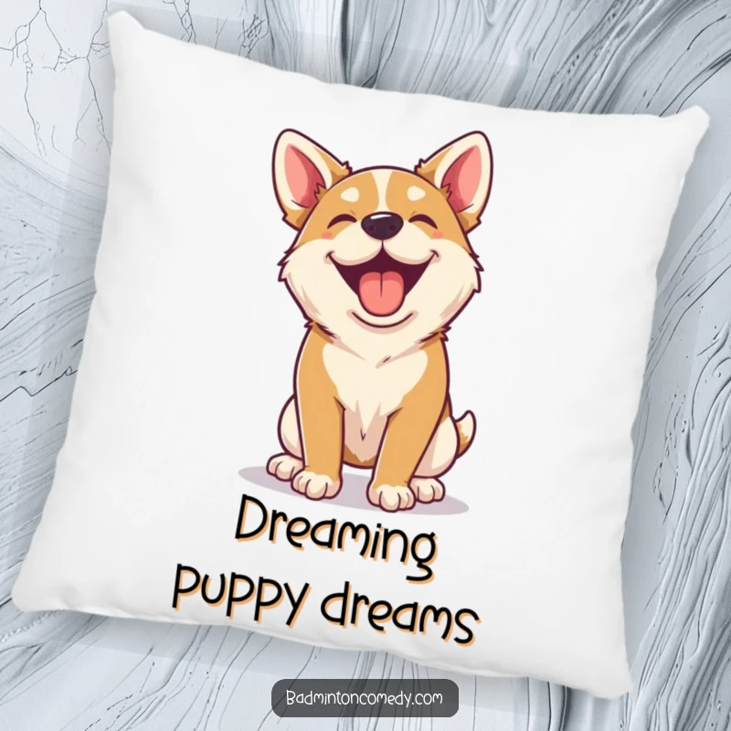 Funny happy dog panting contentedly after a badminton rally on a pillow, symbolizing relaxation.
