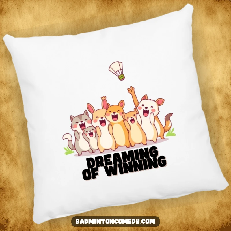 Funny Pillow: A fluffy cushion depicting animated animals ecstatically cheering for a shuttlecock, adding humor and comfort.