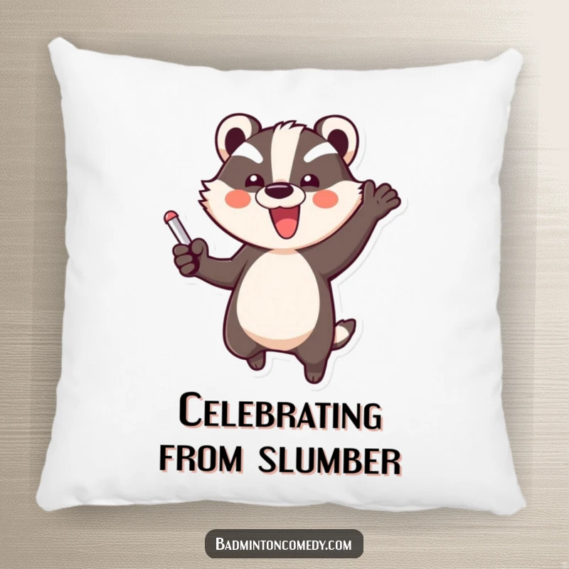 Funny Badger Triumph Pillow: A plush pillow featuring a happy badger character performing an exuberant, triumphant jump after scoring.