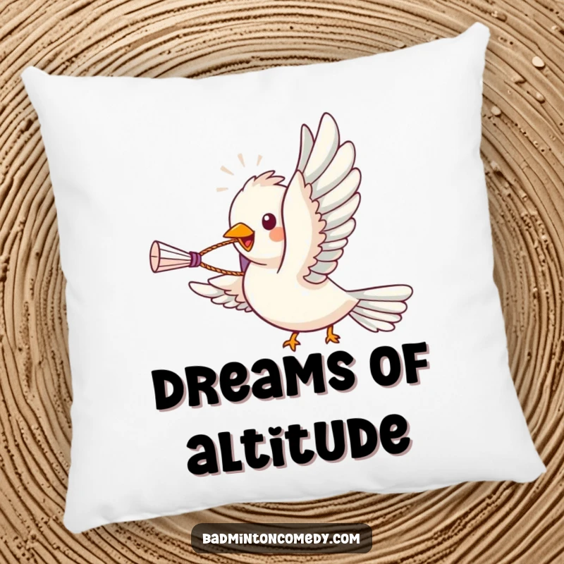 Funny bird character soaring with a shuttlecock in its beak, on a soft badminton pillow, an amusing gift.