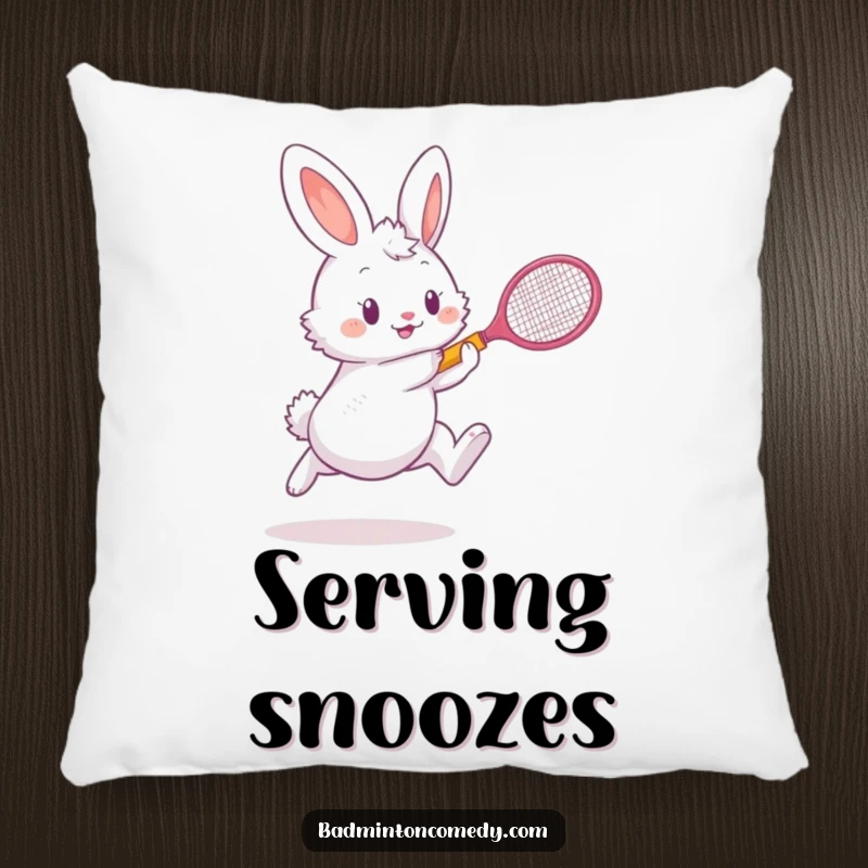 Funny bunny playing badminton with enthusiasm on a comfortable pillow, perfect for a funny gift.