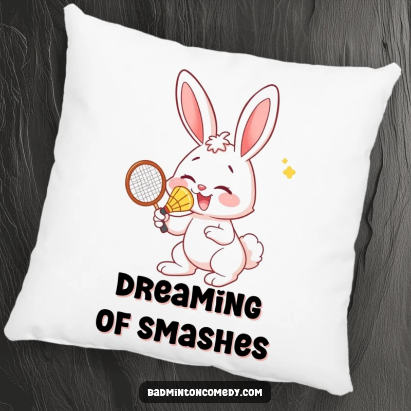 Funny Bunny Pillow: A soft pillow with a humorous illustration of a bunny hitting a badminton shuttlecock with its nose.