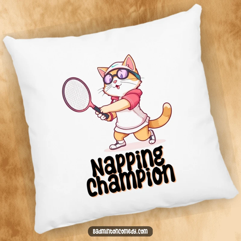 Funny cat wearing athletic gear, swinging a badminton racket with gusto, on a soft and humorous pillow.