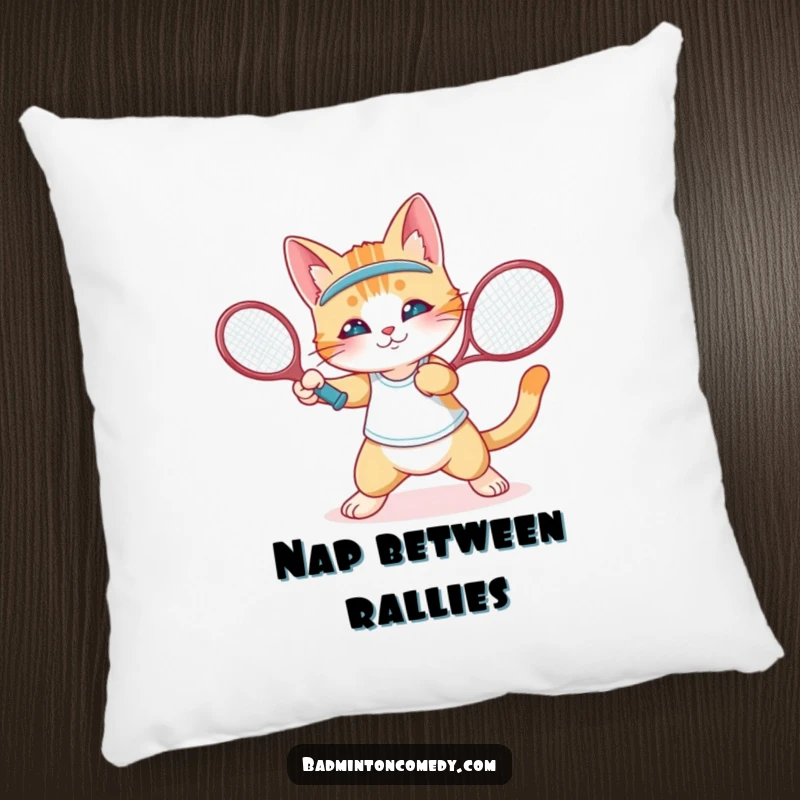 Funny cat playing badminton with a precise flick on a soft pillow, perfect for a funny gift.