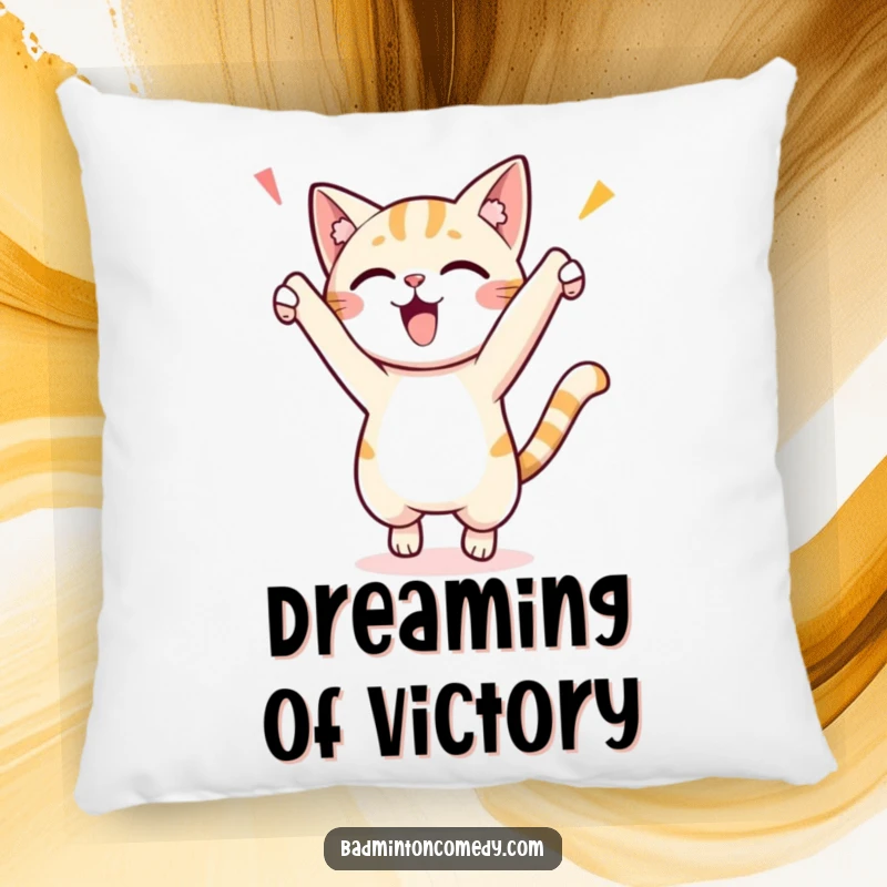 Funny pillow featuring a small cat character joyfully leaping high to celebrate a winning point, bringing cheer and comfort.