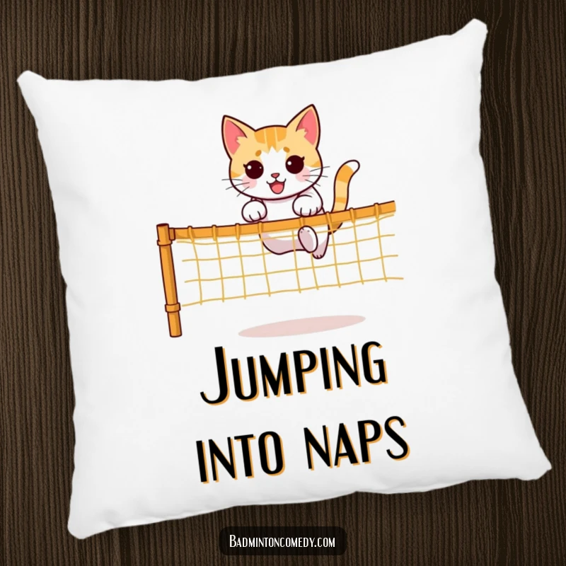 Funny pillow featuring a determined cat character leaping gracefully over a net, bringing sporty comfort and cheer.