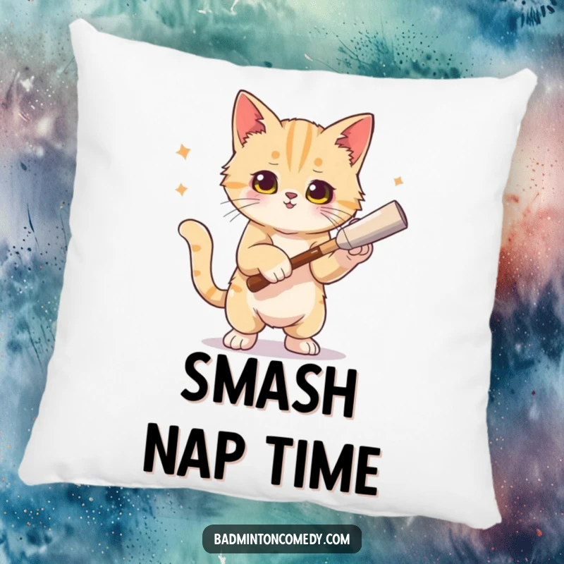 Funny cat smash pillow featuring a smug cat posing artistically after winning a tennis point with a successful smash.