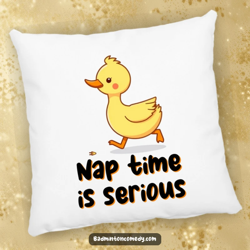 Funny duck waddling with purpose to get a shuttlecock on a pillow, showing dedication and humor.