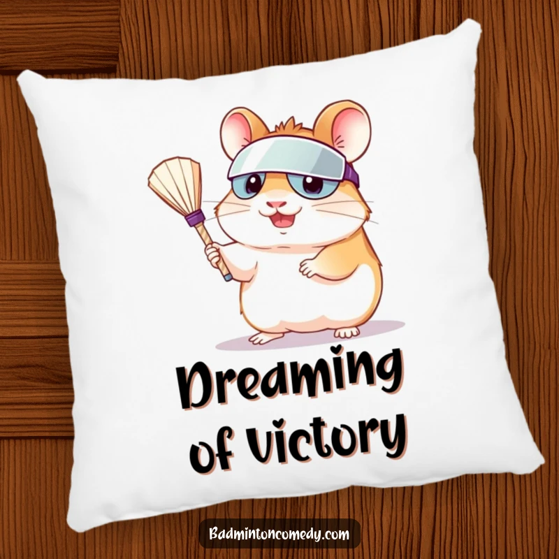 Funny hamster in visor serving shuttlecock on a soft pillow, perfect for adding humor and comfort to any couch.