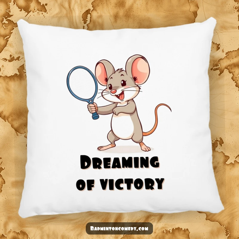 Funny mouse mid-smash with a racket on a pillow, symbolizing power and playful energy.