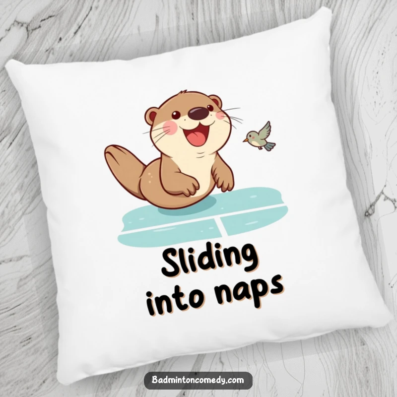 Funny Otter Badminton Pillow: A cute otter sliding on its belly across a badminton court, humorously returning a birdie, for cozy decor.