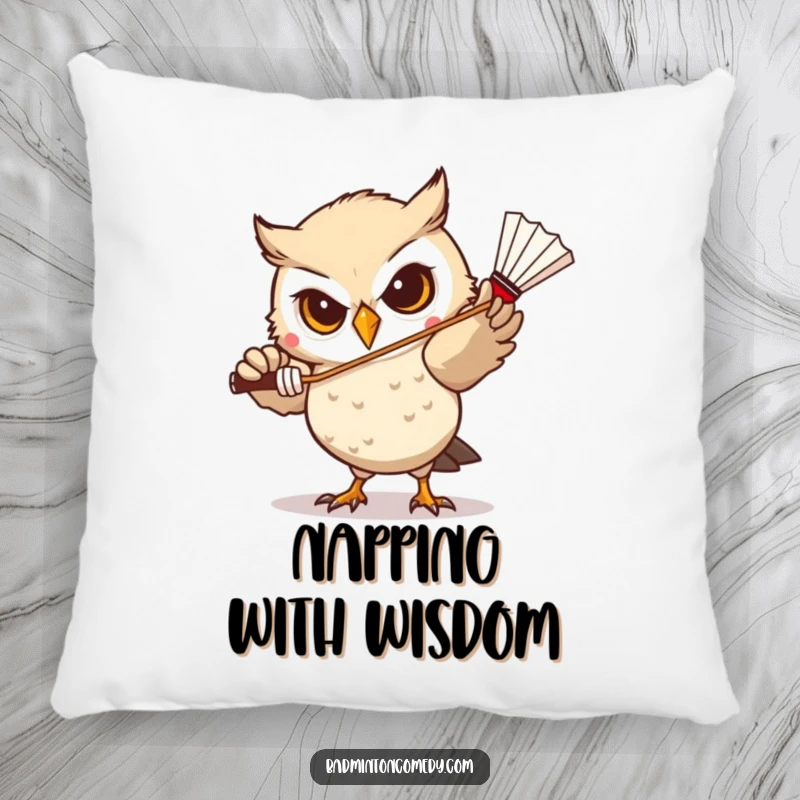 Funny Owl Badminton Pillow: A determined owl concentrating on hitting a shuttlecock, designed for comfort and a touch of humor.