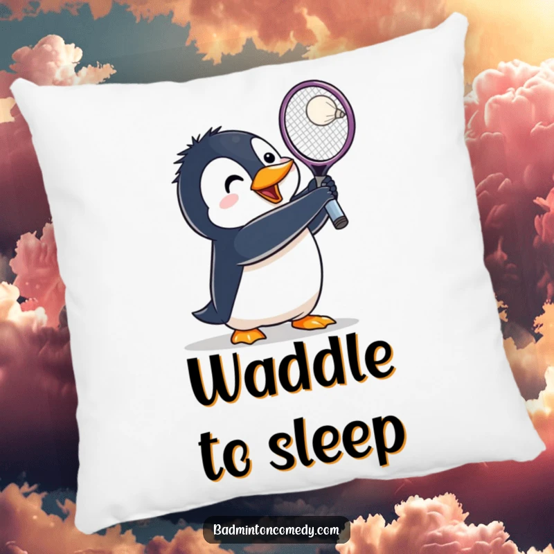 Funny Penguin Badminton Pillow: A penguin character lunges with racket raised, enthusiastically aiming to hit a shuttlecock.