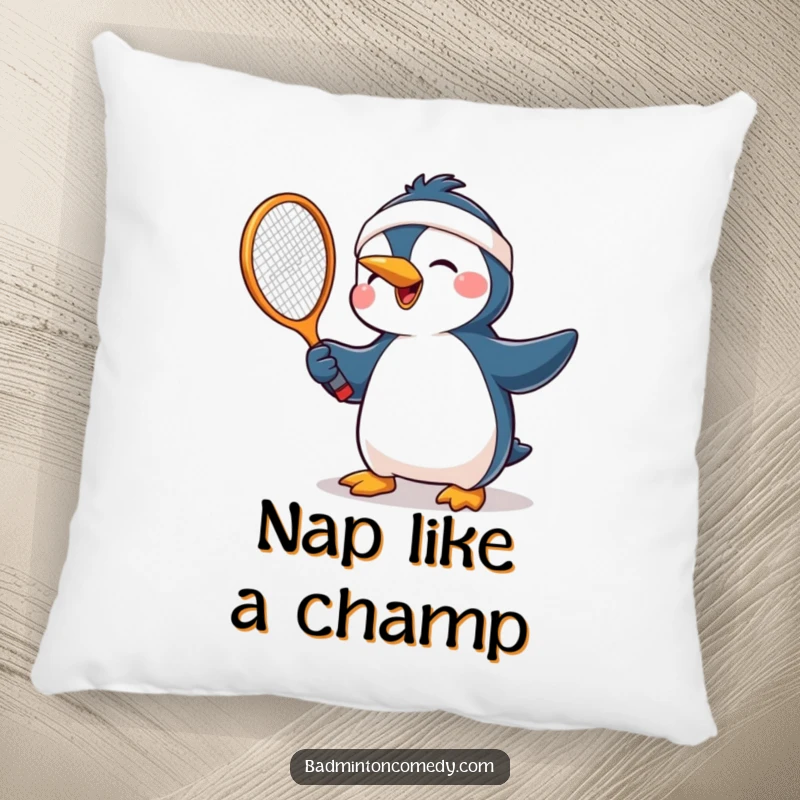 Funny penguin wearing a headband, joyfully swinging a tennis racket, bringing comfort and humor to a plush pillow.