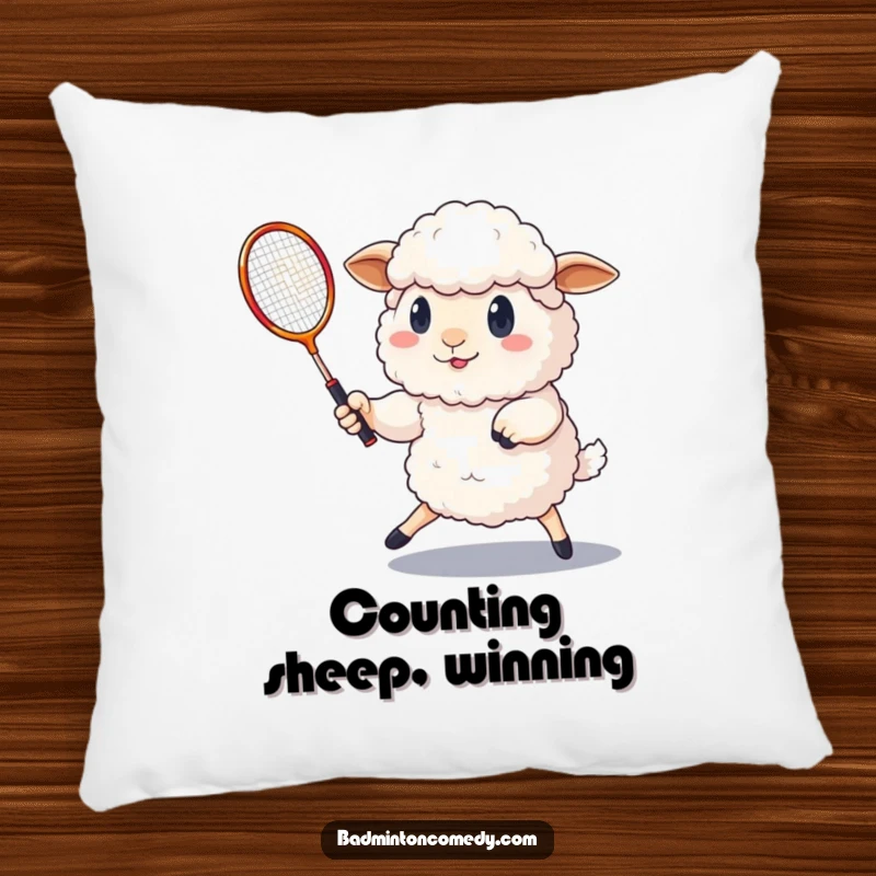 Funny determined sheep playing badminton with a shuttlecock, a soft and humorous accent on this pillow.