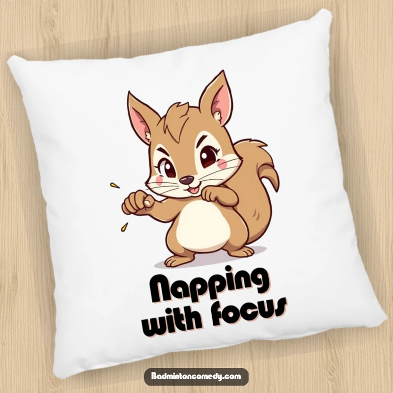 Funny Squirrel Aim Pillow: A plush pillow featuring a squirrel with a highly focused expression, preparing to smash a shuttlecock.