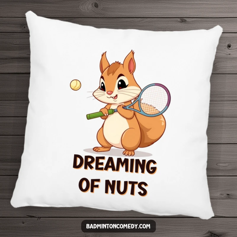 Funny Squirrel Badminton Pillow: A curious squirrel concentrating on its badminton serve, designed for comfort and humor.