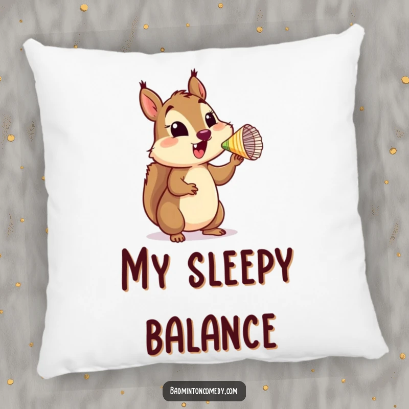 Funny Squirrel Wobble Pillow featuring a happy squirrel balancing a shuttlecock on its nose, offering plush, humorous comfort.