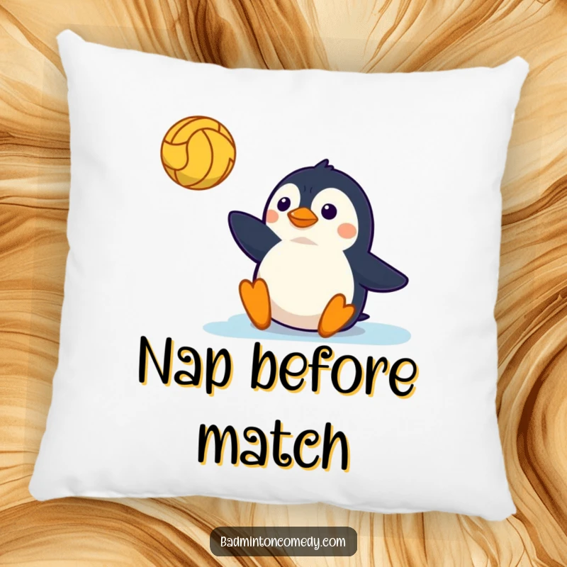 Funny Pillow: A soft cushion featuring a playful penguin sliding during a tennis match, perfect for comfort and humor.