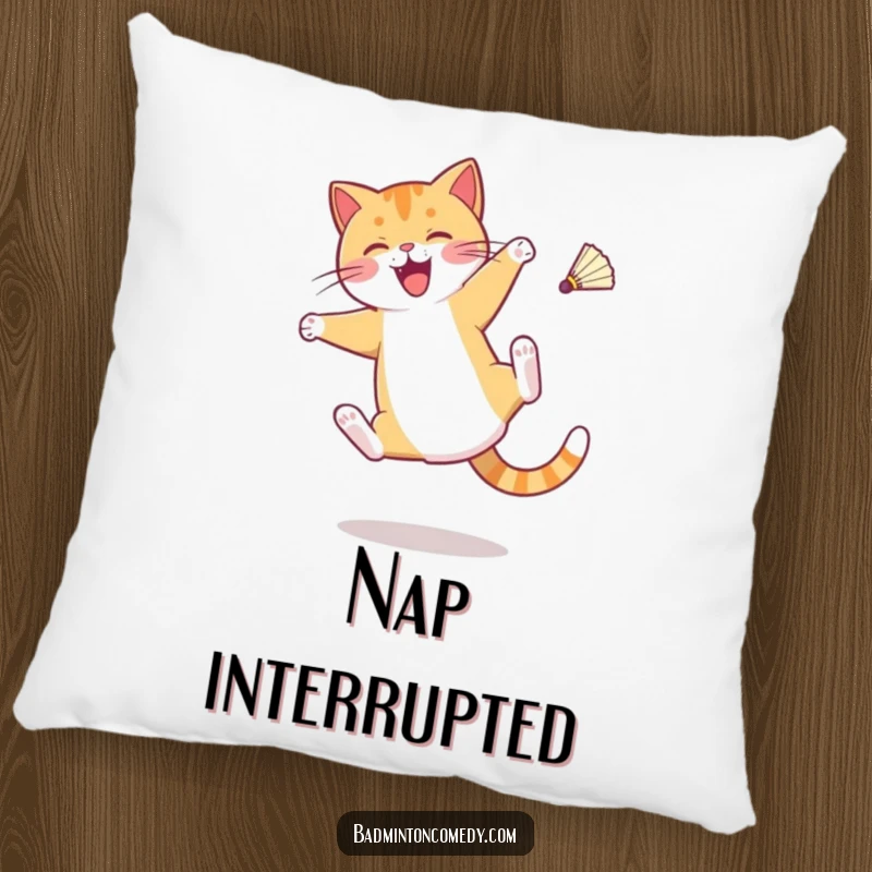 Funny pillow featuring a cat character doing a cartwheel with a shuttlecock mid-air, perfect for relaxation.