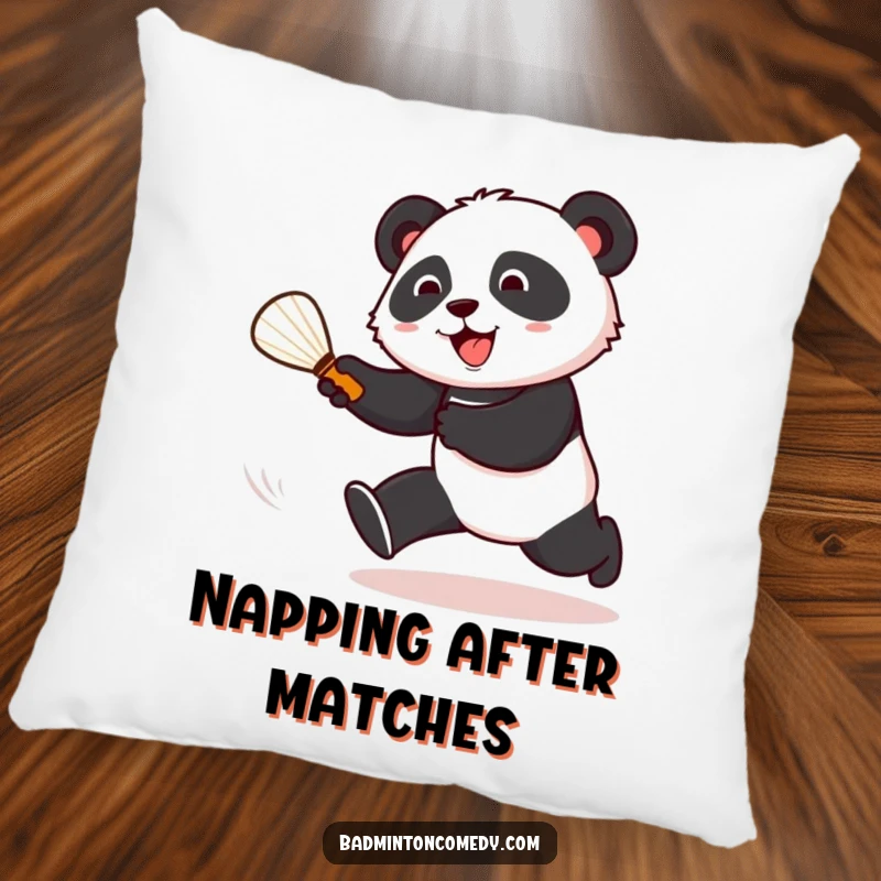 Funny panda chasing shuttlecock on a badminton court, soft and humorous pillow for couch or bed.