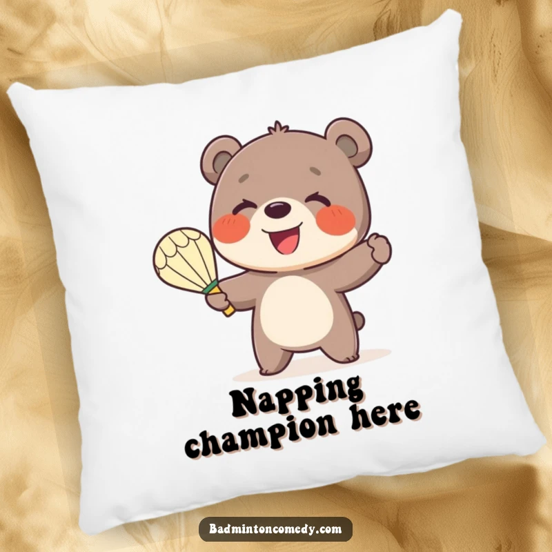 Funny Bear Badminton Pillow: A smiling little bear character enthusiastically serves a shuttlecock with a badminton racket, bringing comfort.