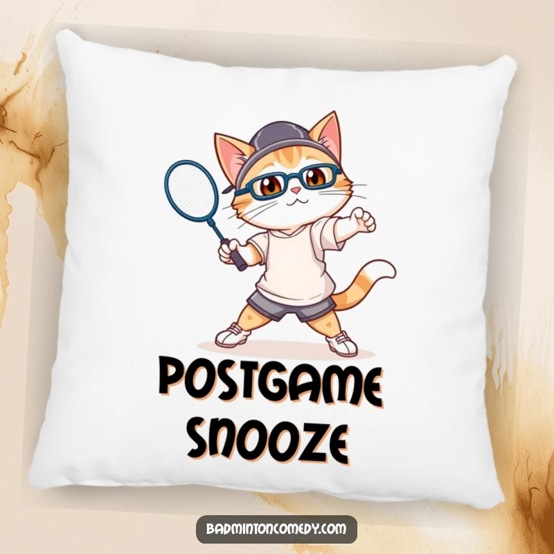Funny cat in athletic gear, swinging a badminton racket with gusto, on a soft decorative pillow.