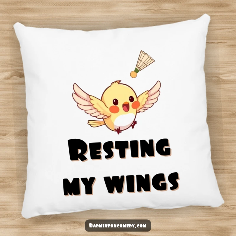Funny tiny bird fluttering after a shuttlecock on a pillow, symbolizing playful comfort.