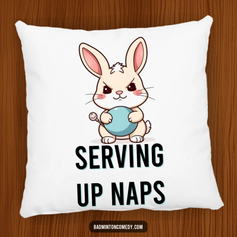Funny rabbit pillow featuring a determined rabbit with a wide, funny grin, ready to play tennis and receive a serve.