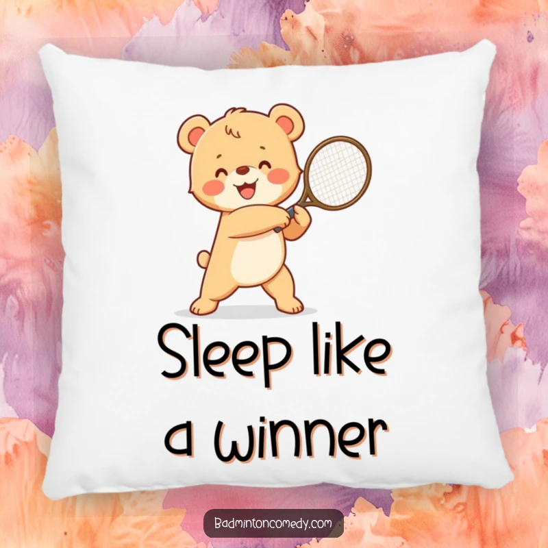Funny happy bear cub in a winning pose, triumphantly swinging a tennis racket, a humorous and comfortable pillow.