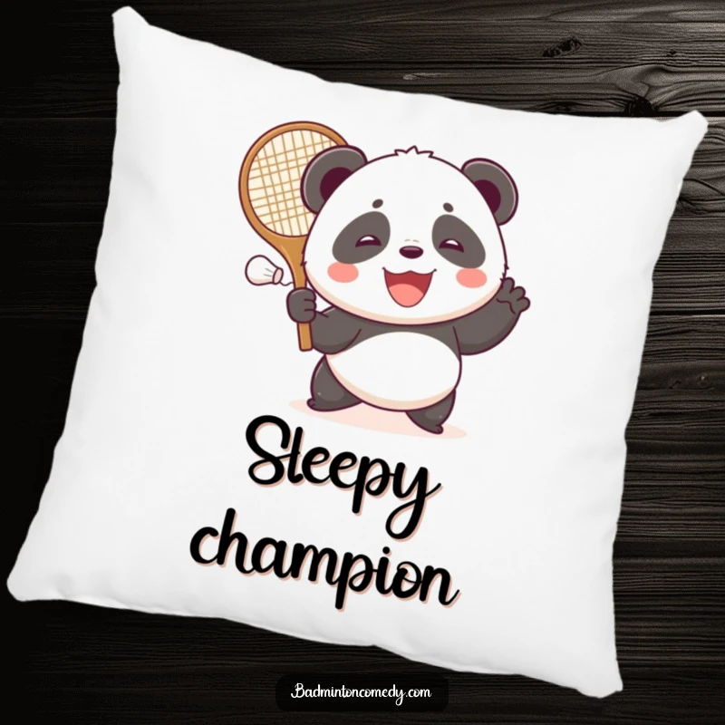 Funny panda with a large racket, gleefully hitting a shuttlecock, a soft and humorous addition to this pillow.