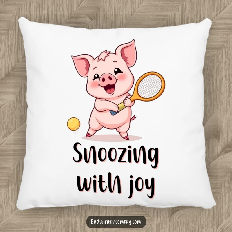 Funny Piglet Joy Pillow: A plush pillow featuring a happy piglet character enthusiastically returning a shuttlecock shot with a racket.