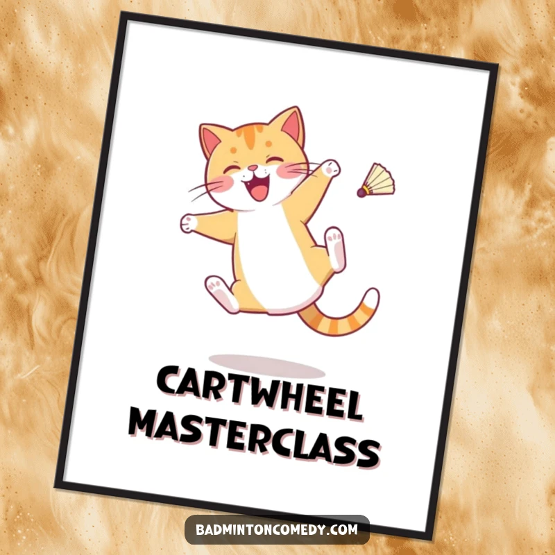 Funny digital art print of a cat character doing a cartwheel with a shuttlecock mid-air, capturing athletic felines.