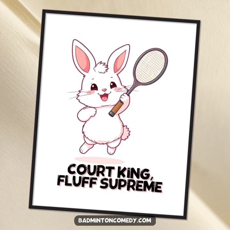 Funny Bunny Badminton Digital Art Print: A fluffy rabbit in action on a badminton court, perfect for instant humorous wall art.