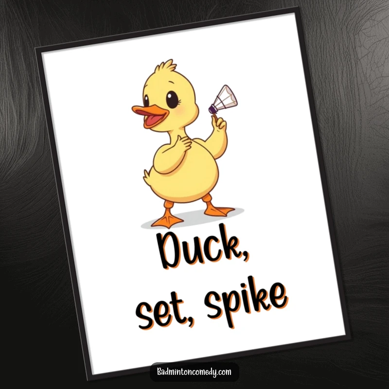 Funny duckling digital art print, a determined baby bird comically swinging its beak to hit a shuttlecock, showcasing sporting humor.