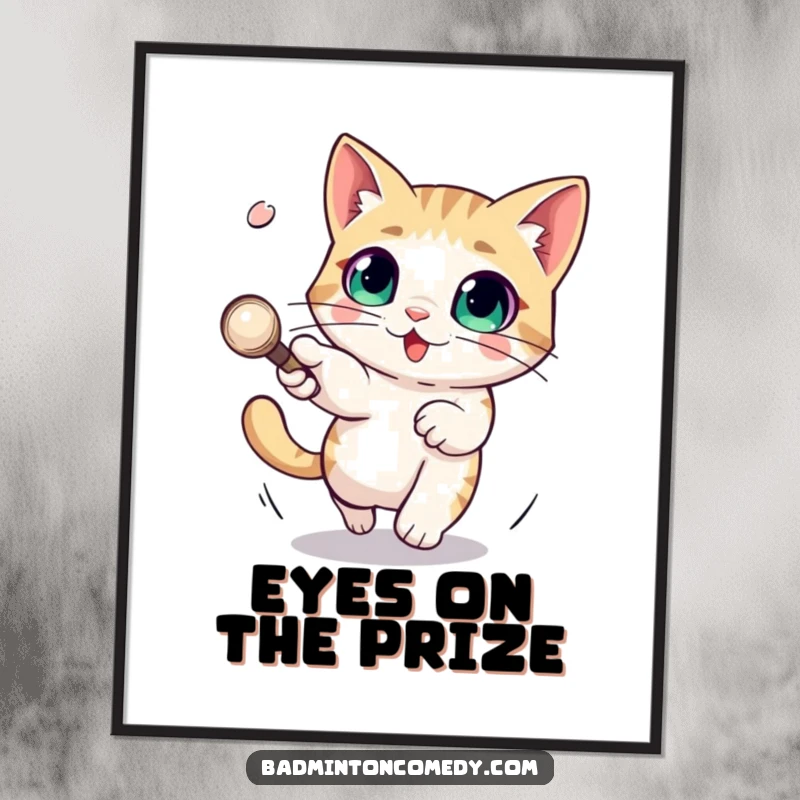 Funny digital art print of a cat with large eyes skillfully dodging a fast shuttlecock, capturing a moment of humorous agility.