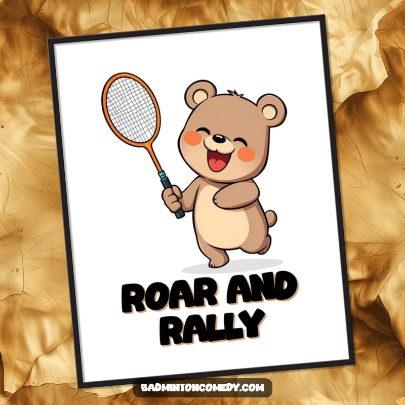 Funny bear character swinging a badminton racket on printable digital art, perfect for a funny gift.