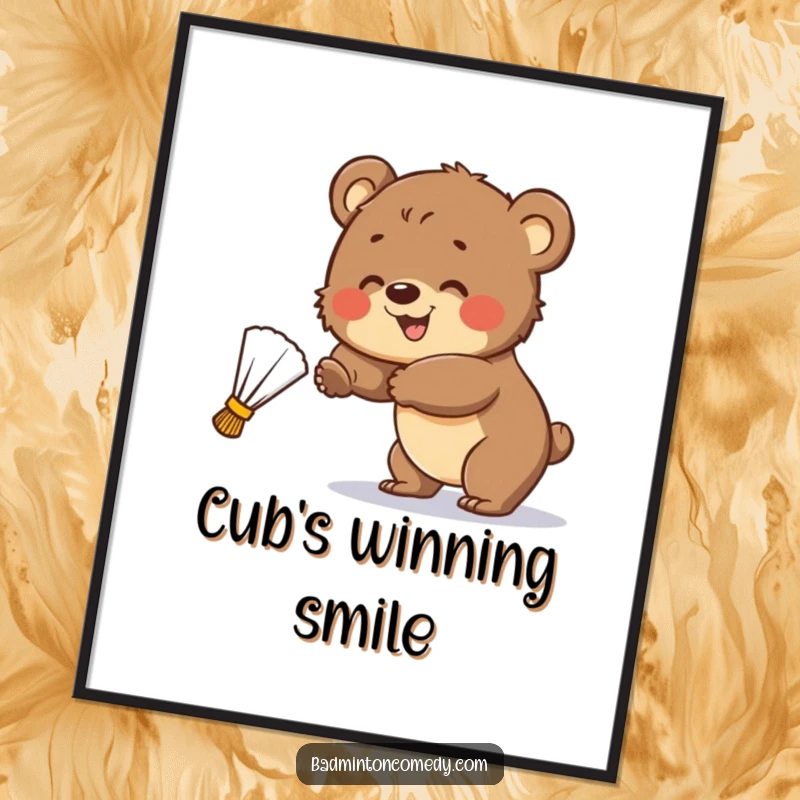 Funny Digital Art: A smiling bear cub attempts to hit a badminton shuttlecock, depicting playful sporting action.