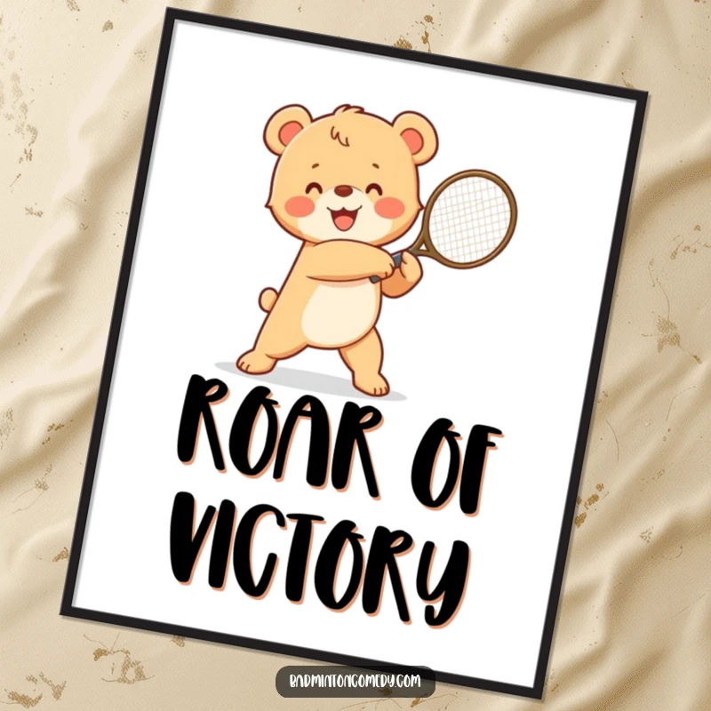 Funny happy bear cub in a winning pose, triumphantly swinging a tennis racket, humorous digital art print for wall decor.