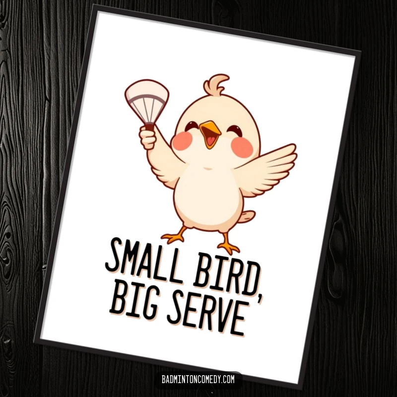 Funny Digital Art: A small bird excitedly serves a badminton shuttlecock with its beak, depicting playful sports action.