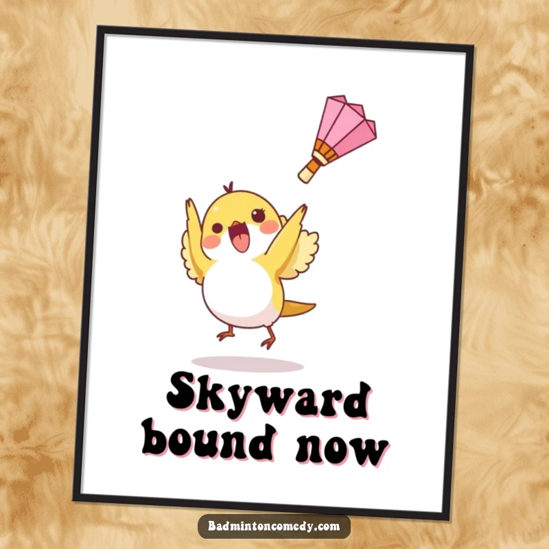 Funny digital art print of a small bird character hitting a shuttlecock upwards, capturing the excitement of badminton.